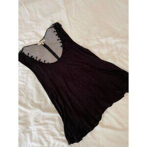 Nabee Black Lace-Trimmed Sleeveless Top With Sheer Back & V-Neck Medium